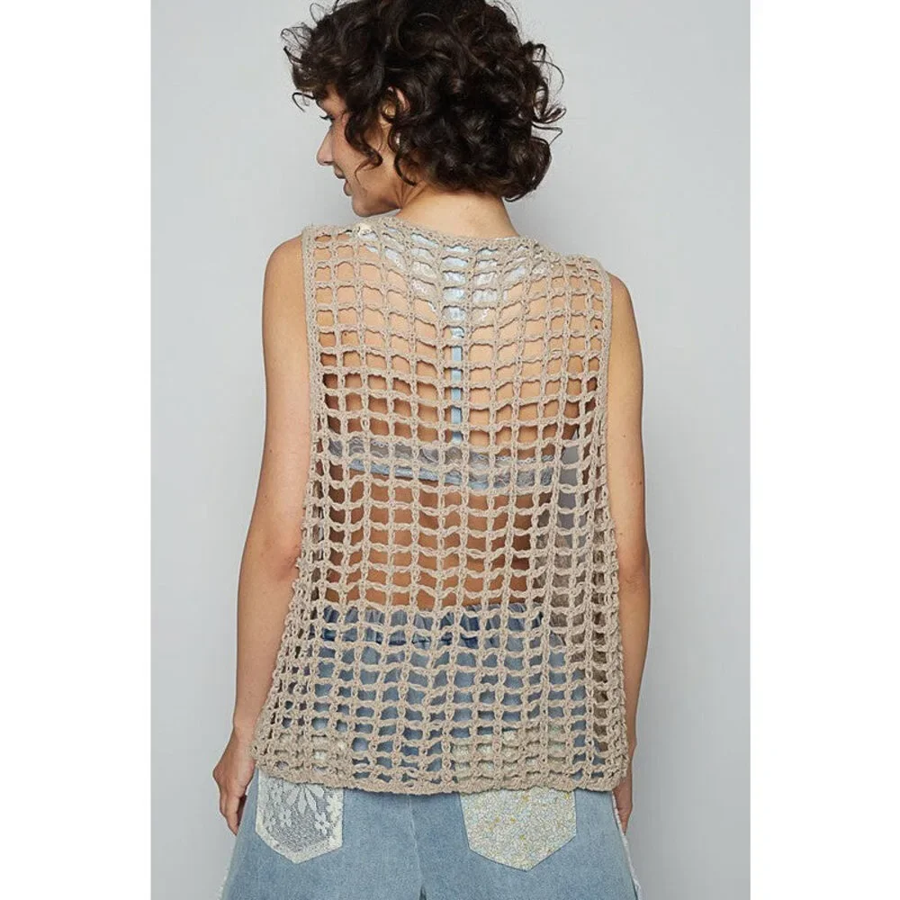 POL Flower Crochet Scoop Neck Sleeveless Knit Cover Up - Picture 5 of 5